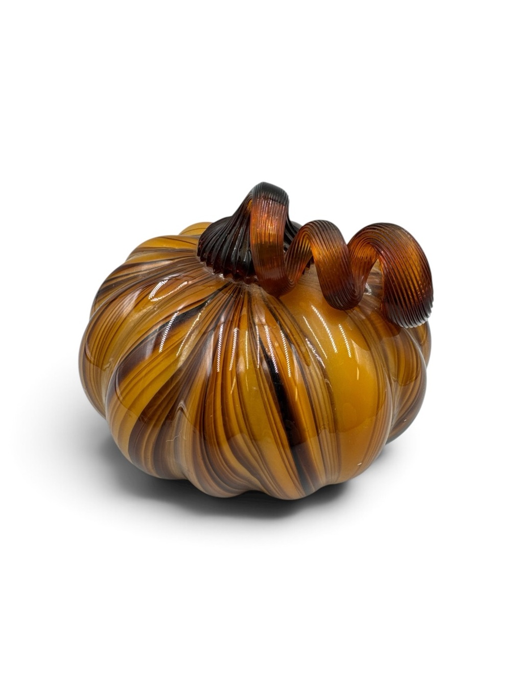 Vintage Hand Blown Amber Swirl Art Glass Pumpkin Curly Stem Fall Decor